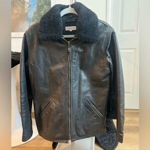 Vintage Black Leather Jacket with Shearling Collar.